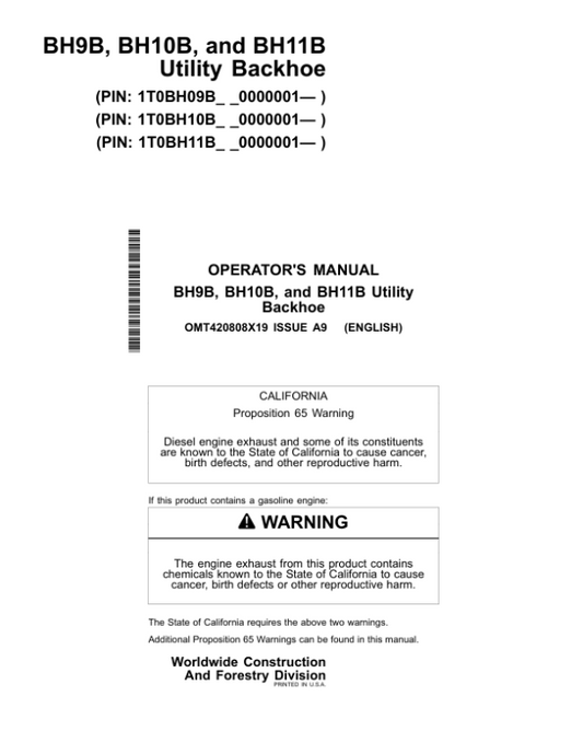 John Deere BH9B, BH10B, BH11B Worksite Pro Attachments Operator’s Manuals (OMT420808X19) Workshop Guide