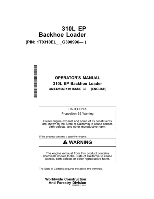 John Deere 310L EP Backhoe Loaders Operator’s Manuals (OMT425669X19) Workshop Guide