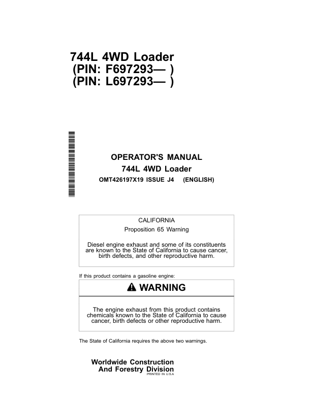 John Deere 744L Loaders Operator’s Manuals (OMT426197X19) Workshop Guide