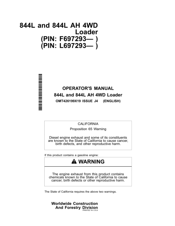 John Deere 844L, 844LAH Loaders Operator’s Manuals (OMT426199X19) Workshop Guide