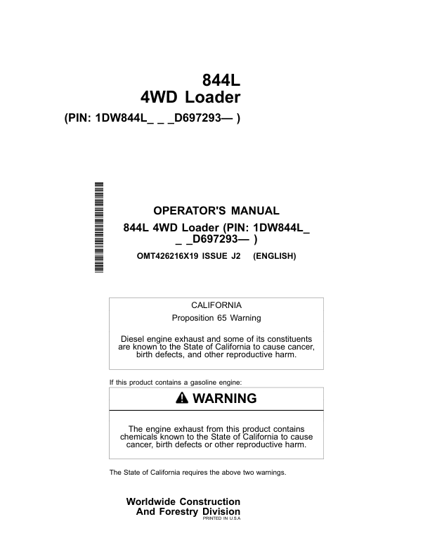 John Deere 844L Loaders Operator’s Manuals (OMT426216X19) Workshop Guide