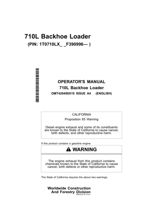 John Deere 710L Backhoe Loaders Operator’s Manuals (OMT426490X19) Workshop Guide