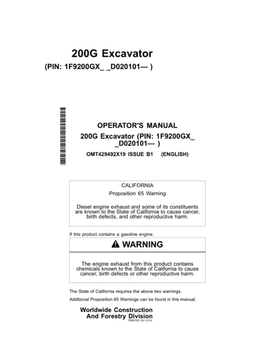 John Deere 200G Excavators Operator’s Manuals (OMT429492X19) Workshop Guide