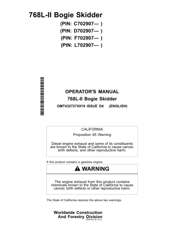 John Deere 768L-II Skidders Operator’s Manuals (OMT432727X019) Workshop Guide