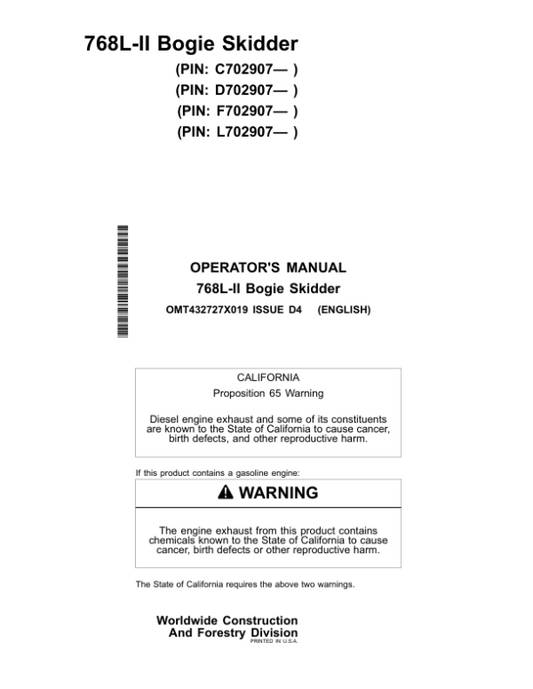 John Deere 768L-II Skidders Operator’s Manuals (OMT432727X019) Workshop Guide
