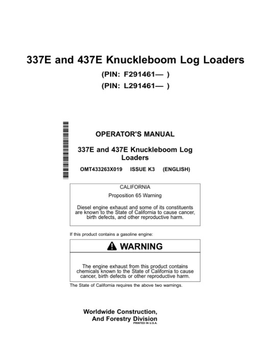 John Deere 337E, 437E Knuckleboom Loader Operator’s Manuals (OMT433263X019) Workshop Guide