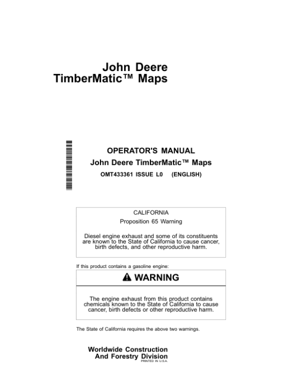 John Deere TIMBERMATIC MAPS, ALL MODELS Tracked Feller Bunchers Operator’s Manuals (OMT433361) Workshop Guide