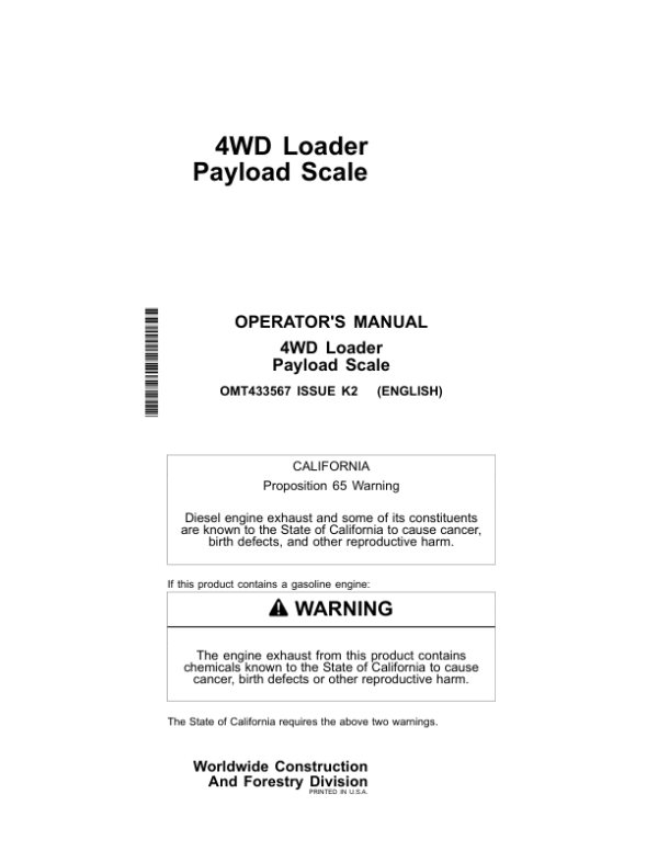 John Deere 744L, 824L, 844L, 844LAH Loaders Operator’s Manuals (OMT433567) Workshop Guide