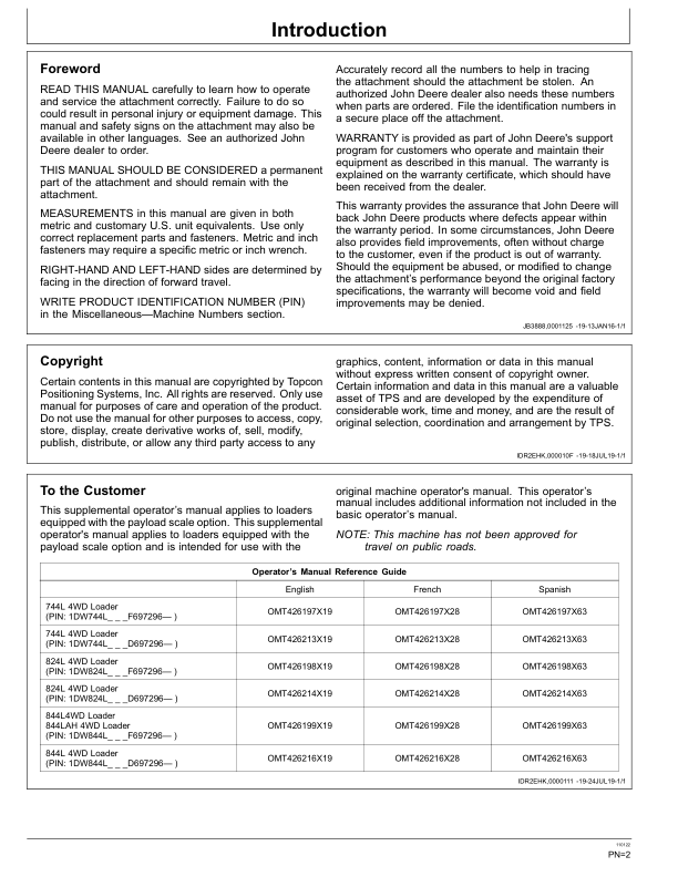 John Deere 744L, 824L, 844L, 844LAH Loaders Operator’s Manuals (OMT433567) Workshop Guide