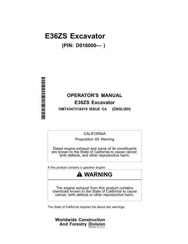 John Deere E36ZS Excavators Operator’s Manuals (OMT434731X019) Workshop Guide