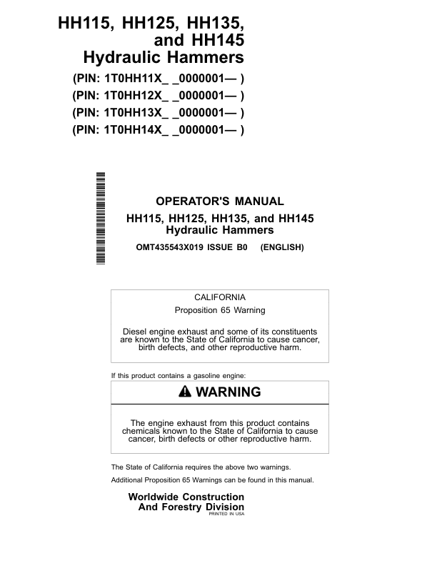 John Deere HH115, HH125, HH135, HH145 Hydraulic Hammers Operator’s Manuals (OMT435543X019) Workshop Guide