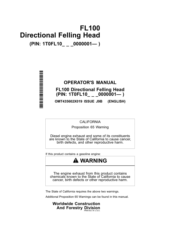John Deere FL100 Felling Heads Operator’s Manuals (OMT435602X019) Workshop Guide