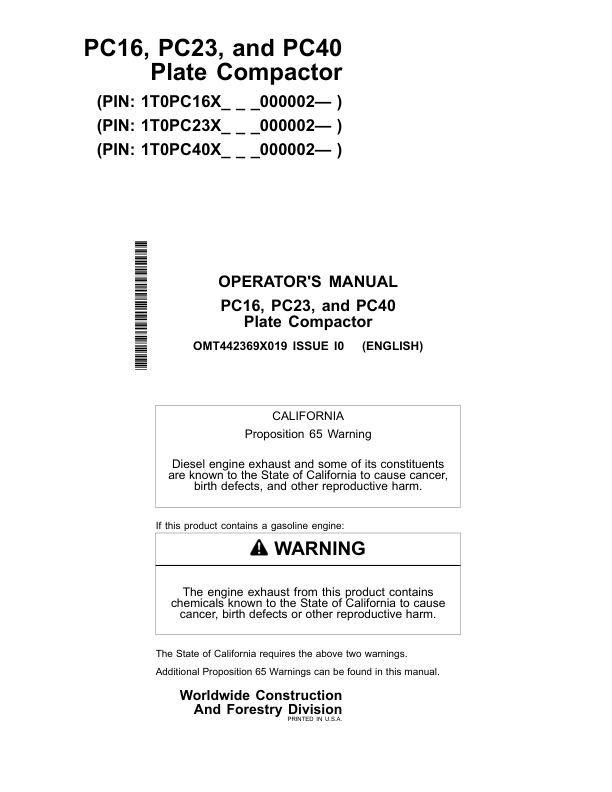 John Deere PC16, PC23, PC40 Attachments Operator’s Manuals (OMT442369X019) Workshop Guide