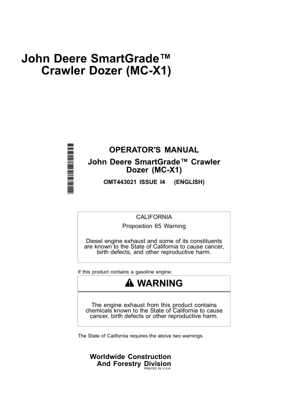 John Deere 650K, 700L, 750L, 850L Crawler Dozers Operator’s Manuals (OMT443021) Workshop Guide