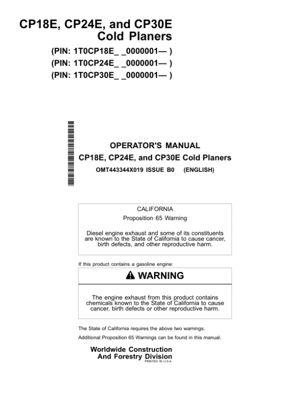 John Deere CP18E, CP24E, CP30E Worksite Pro Attachments Operator’s Manuals (OMT443344X019) Workshop Guide