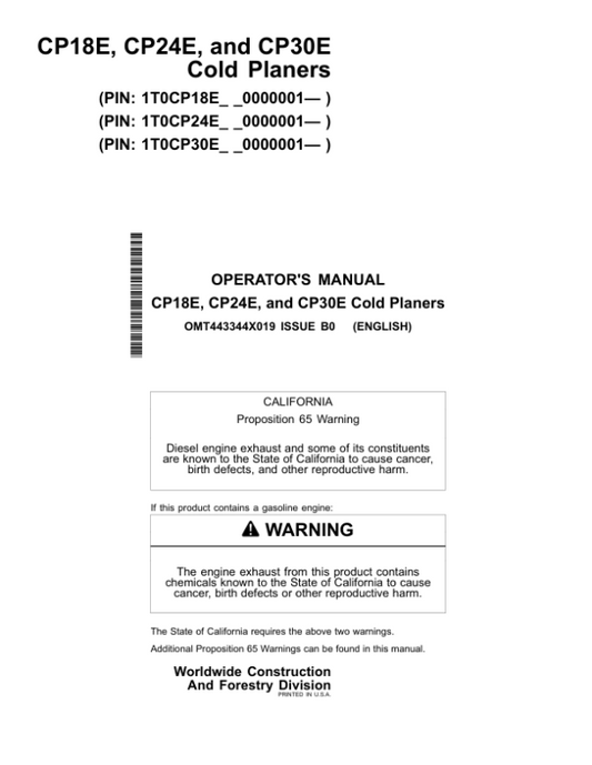 John Deere CP18E, CP24E, CP30E Worksite Pro Attachments Operator’s Manuals (OMT443344X019) Workshop Guide