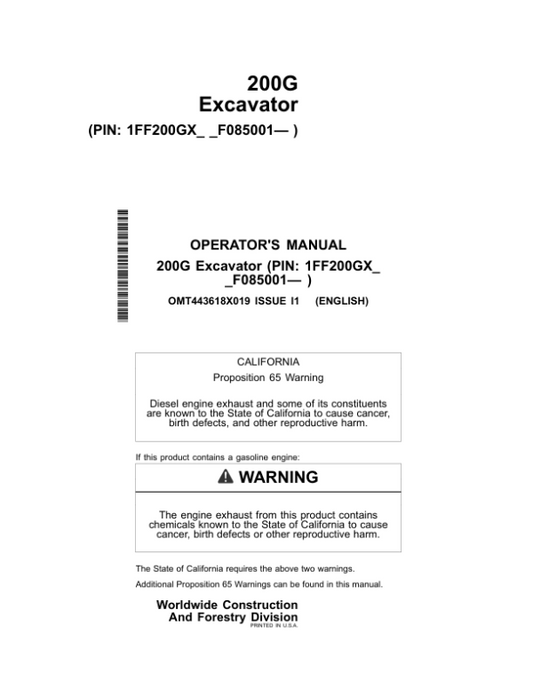 John Deere 200G Excavators Operator’s Manuals (OMT443618X019) Workshop Guide