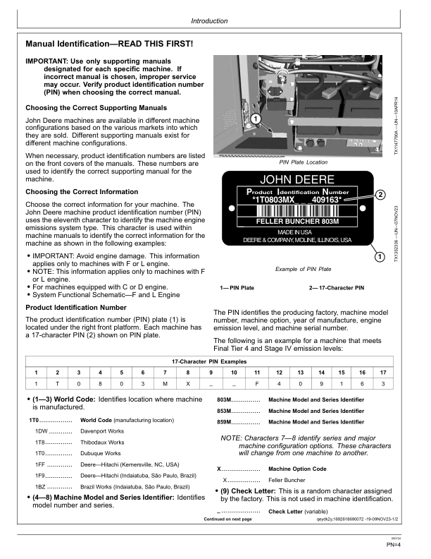 John Deere 803M, 853M, 859M Tracked Feller Bunchers Operator’s Manuals (OMT444762X019) Workshop Guide