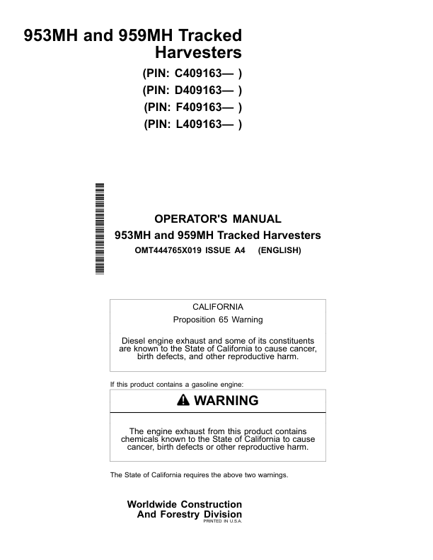John Deere 953MH, 959MH Tracked Harvesters Operator’s Manuals (OMT444765X019) Workshop Guide