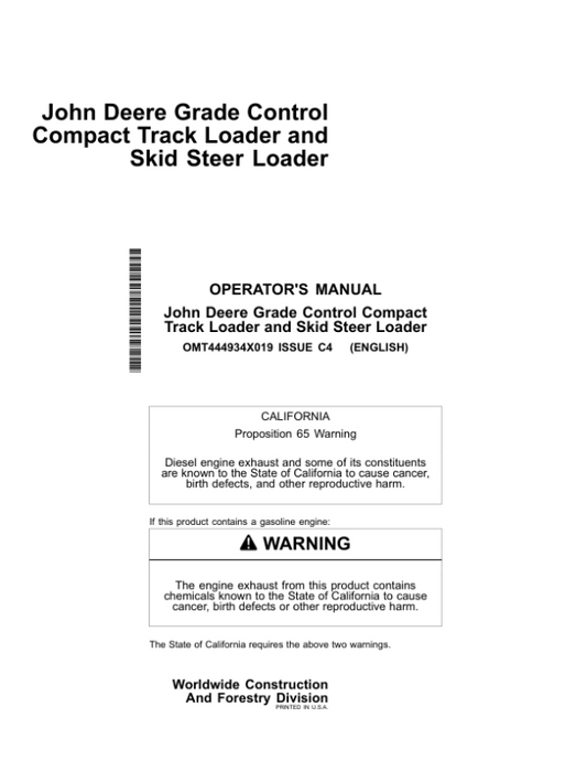 John Deere 333G Skid Steers Operator’s Manuals (OMT444934X019) Workshop Guide