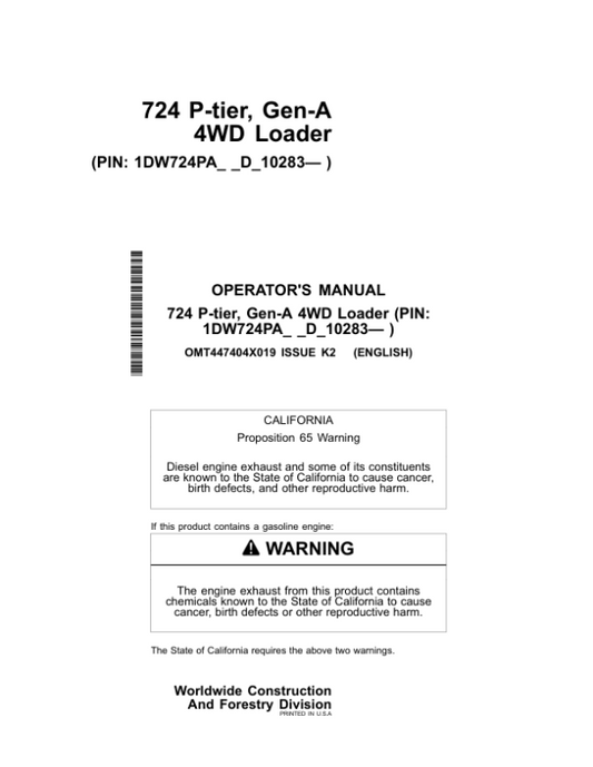 John Deere 724 P Loaders Operator’s Manuals (OMT447404X019) Workshop Guide