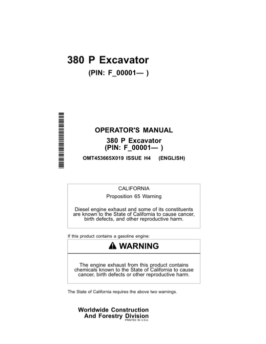 John Deere 380 P Excavators Operator’s Manuals (OMT453665X019) Workshop Guide