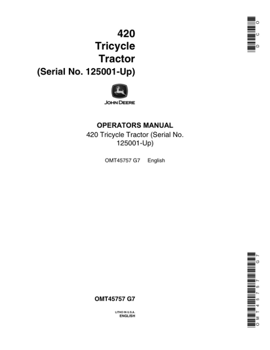 John Deere 420 Tractors Operator’s Manuals (OMT45757) Workshop Guide