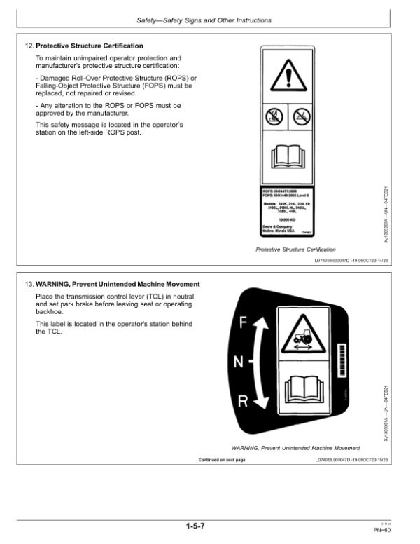 John Deere 315SL Backhoe Loaders Operator’s Manuals (OMT460881X019) Workshop Guide