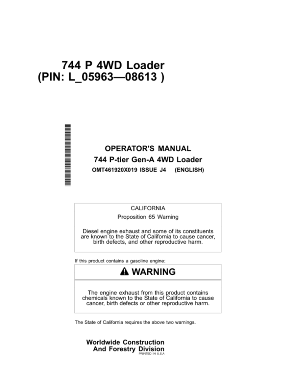 John Deere 744 P Loaders Operator’s Manuals (OMT461920X019) Workshop Guide