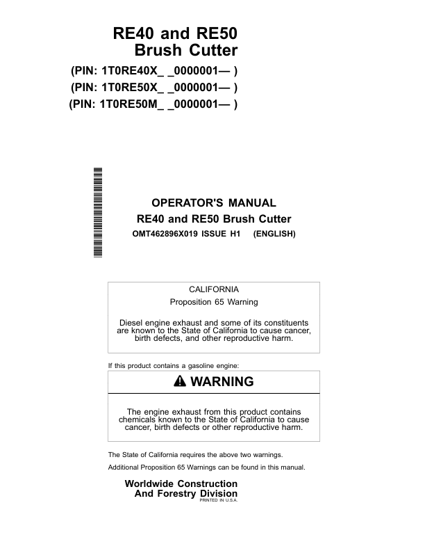 John Deere RE40, RE50 Attachments Operator’s Manuals (OMT462896X019) Workshop Guide