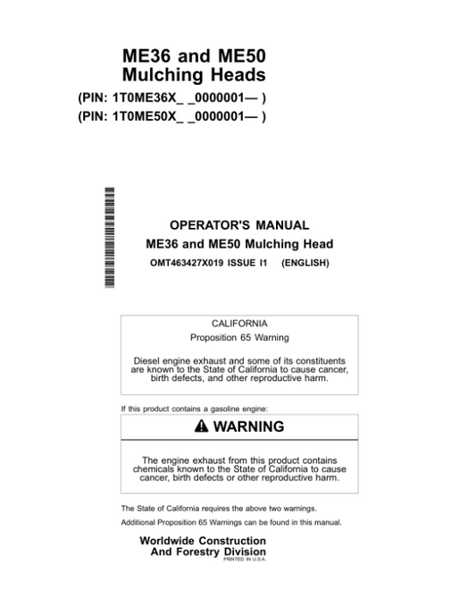 John Deere ME36, ME50 Attachments Operator’s Manuals (OMT463427X019) Workshop Guide