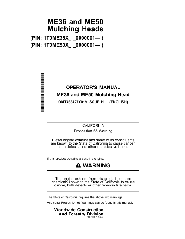 John Deere ME36, ME50 Attachments Operator’s Manuals (OMT463427X019) Workshop Guide