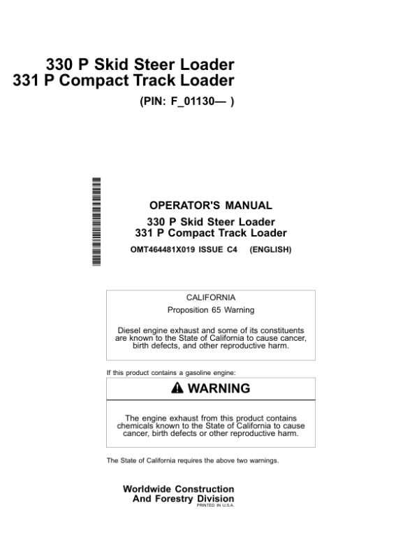 John Deere 330 P, 331 P Skid Steers Operator’s Manuals (OMT464481X019) Workshop Guide