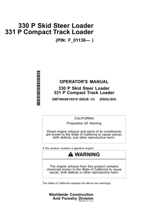 John Deere 330 P, 331 P Skid Steers Operator’s Manuals (OMT464481X019) Workshop Guide