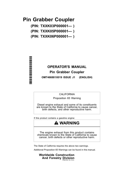 John Deere 35G, 50G, 60G Excavators Operator’s Manuals (OMT466881X019) Workshop Guide