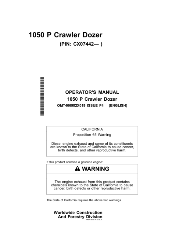 John Deere 1050 P Crawler Dozers Operator’s Manuals (OMT466982X019) Workshop Guide