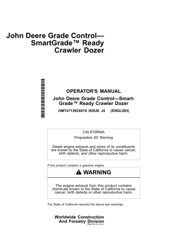 John Deere 450 P, 550 P, 650 P Crawler Dozers Operator’s Manuals (OMT471392X019) Workshop Guide
