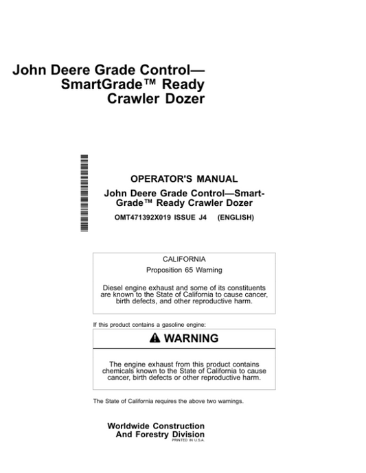 John Deere 450 P, 550 P, 650 P Crawler Dozers Operator’s Manuals (OMT471392X019) Workshop Guide