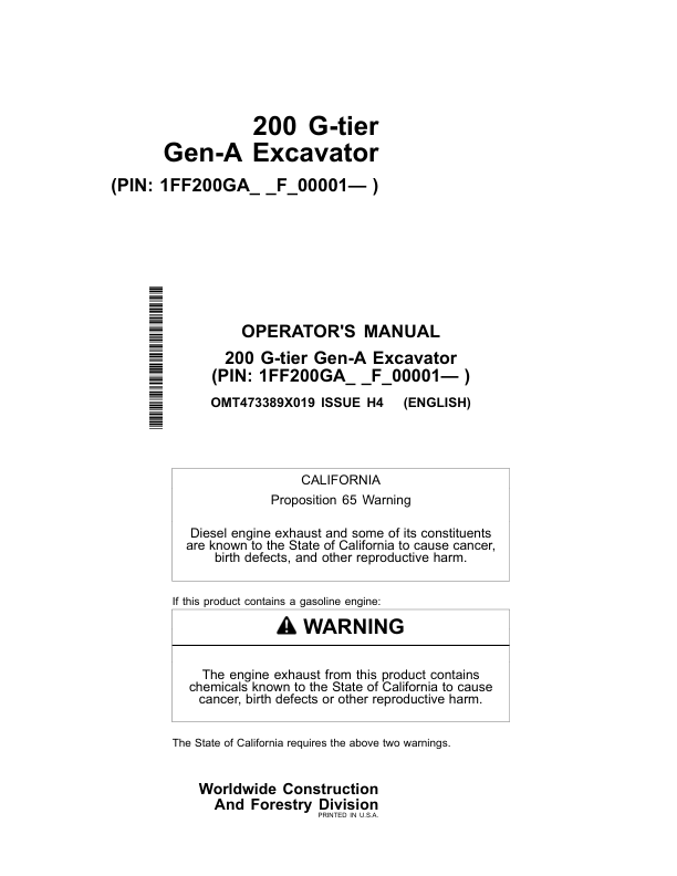 John Deere 200 G Excavators Operator’s Manuals (OMT473389X019) Workshop Guide