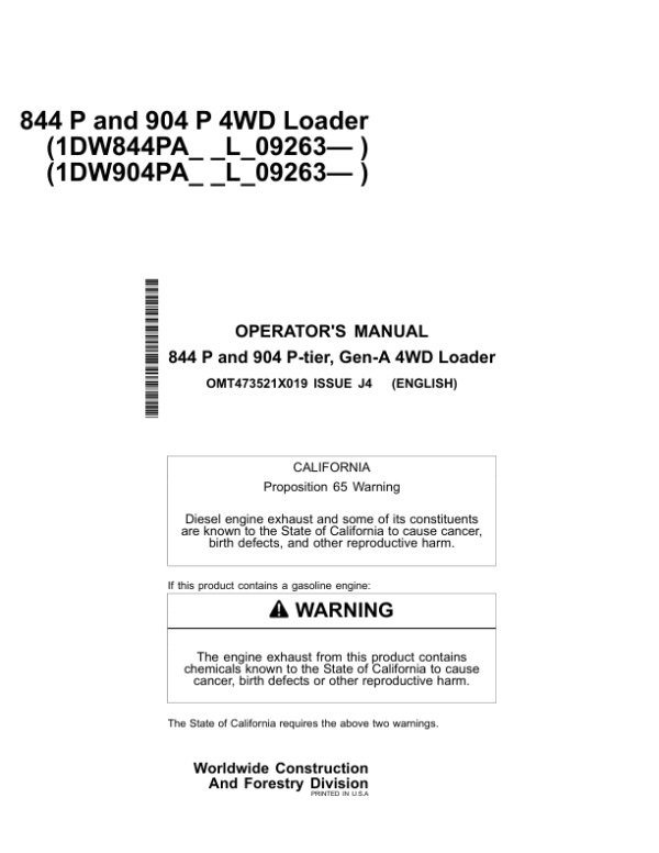 John Deere 844 P, 904 P Loaders Operator’s Manuals (OMT473521X019) Workshop Guide