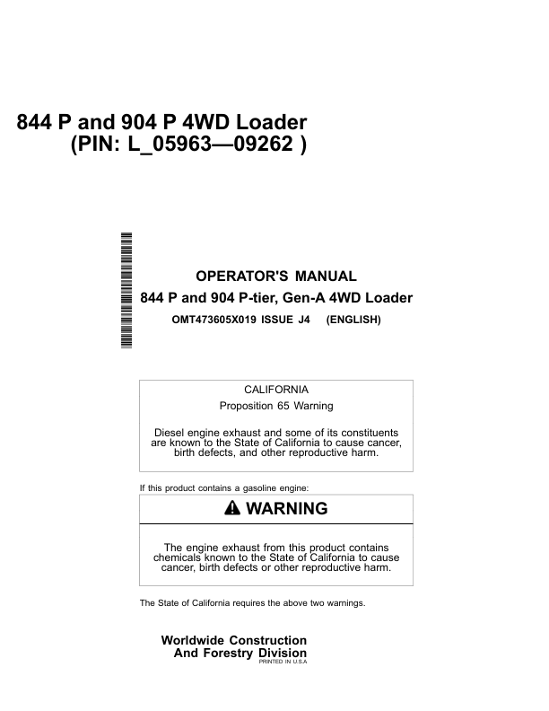 John Deere 844 P, 904 P Loaders Operator’s Manuals (OMT473605X019) Workshop Guide