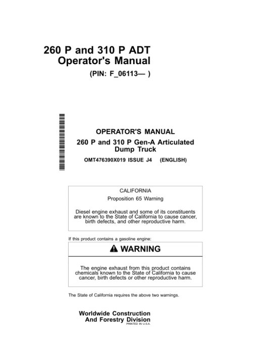 John Deere 260 P, 310 P Articulated Dump Trucks Operator’s Manuals (OMT476390X019) Workshop Guide