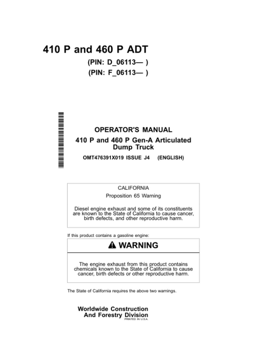 John Deere 410 P, 460 P Articulated Dump Trucks Operator’s Manuals (OMT476391X019) Workshop Guide