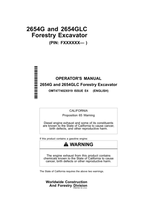 John Deere 2654GLC Forestry Excavator Operator’s Manuals (OMT477402X019) Workshop Guide