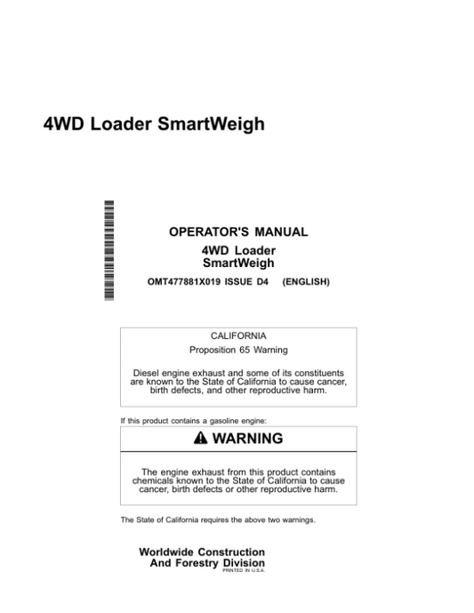 John Deere 444 P, 524 P, 544 P, 624 P, 644 P, 644 X, 744 P, 824 P, 844 P, 904 P Loaders Operator’s Manuals (OMT477881X019) Workshop Guide