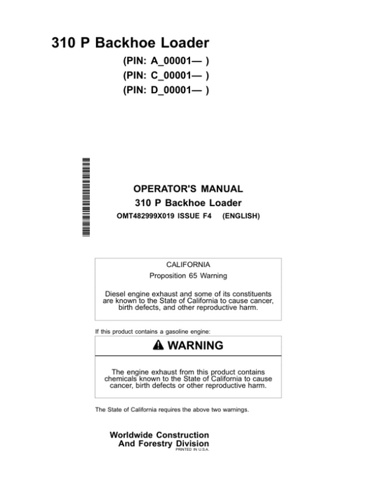 John Deere 310 P Backhoe Loaders Operator’s Manuals (OMT482999X019) Workshop Guide