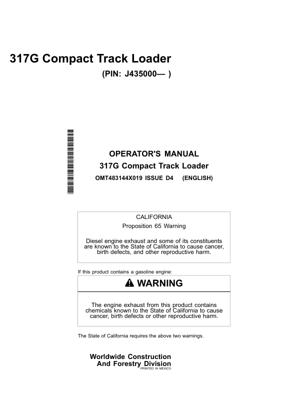 John Deere 317G Skid Steers Operator’s Manuals (OMT483144X019) Workshop Guide