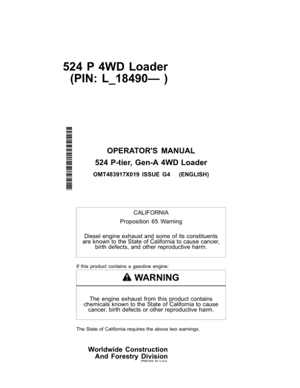 John Deere 524 P Loaders Operator’s Manuals (OMT483917X019) Workshop Guide