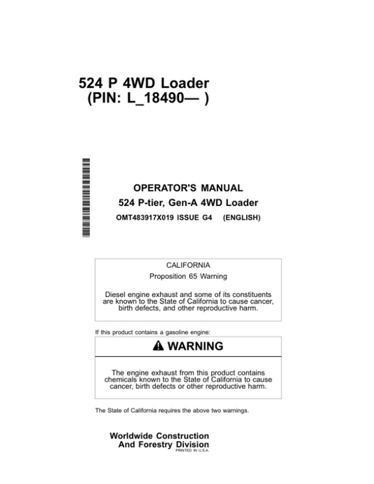 John Deere 524 P Loaders Operator’s Manuals (OMT483917X019) Workshop Guide