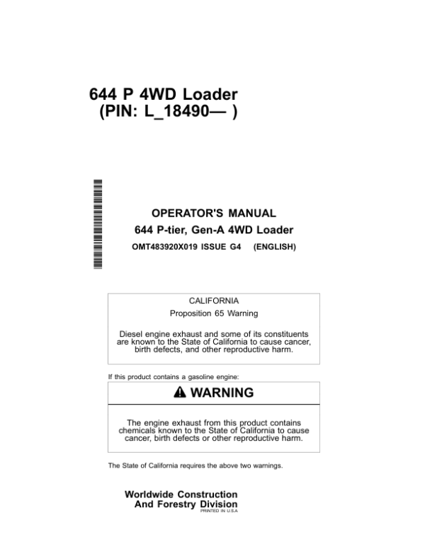 John Deere 644 P Loaders Operator’s Manuals (OMT483920X019) Workshop Guide